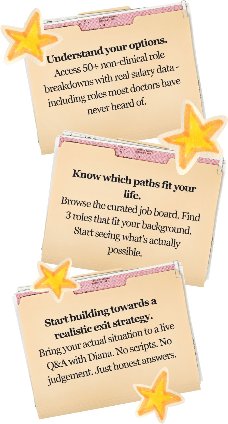Today: Access 50+ non-clinical role breakdowns. This week: Browse the curated job board. Next month: Bring your situation to a live Q&A with Diana.